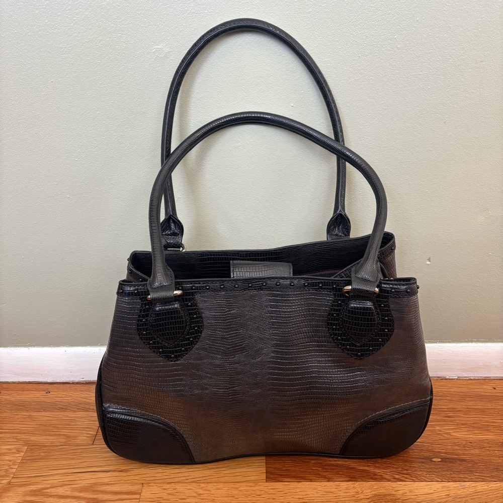 Nine West Black/Grey Textured Faux Leather Tote Handbag - Picture 5 of 15